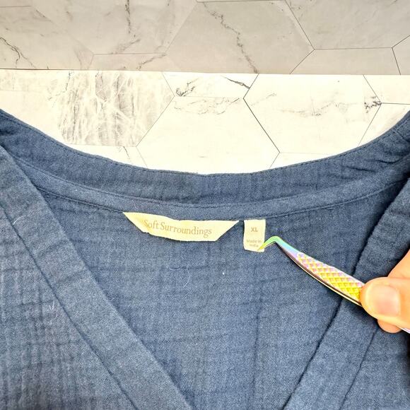 Soft Surroundings Cotton Gauze Peasant Blouse Sz L Blue Boho Tunic Top EUC - Picture 2 of 8